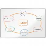 The photograph shows a sleek, high-quality whiteboard from Nobo. Its generous size of 1800x1200mm and aluminum trim make it perfect for any office or classroom. With EU Ecolabel certification, this whiteboard is both practical and environmentally friendly.