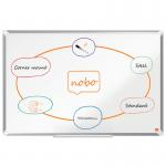 The photograph shows a high-quality ACCO Brands Magnetic Whiteboard from the Nobo Premium Plus series. It features a sleek aluminium trim and is EU Ecolabel certified. The whiteboard measures 900x600mm and boasts a strong steel magnetic surface. Perfect for any professional or educational setting.