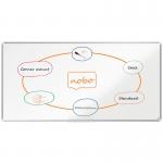 The photograph shows a sleek and modern Nobo Premium Plus steel magnetic whiteboard measuring 2000x1000mm. Its aluminium trim adds a professional touch while the EU Ecolabel certification ensures environmental sustainability. Perfect for any office or educational setting.