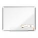 The photograph features an ACCO Brands Drywipe Board from the Nobo Premium Plus line. The whiteboard is made from high-quality melamine and measures 600x450mm. The surface is smooth and glossy, perfect for writing with dry erase markers. The board is mounted on a sleek metal frame, creating a modern and professional look. The bright white color of the board contrasts beautifully with the dark frame. The board is surrounded by a thin, silver trim to further enhance its sleek appearance. The photo also showcases the included marker tray, which neatly holds the markers when not in use. Overall, the photograph captures a simple, yet stylish and functional drywipe board that is perfect for any workspace.