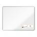 The image shows a white ACCO Brands Drywipe Board from the Nobo Premium Plus line, measuring 1200x900mm. The board is made of Melamine and has a smooth surface. It is designed for dry erase markers and is white in color. The overall appearance is sleek and professional, with a clean and modern design.