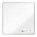 The image displays a high quality 1200x1200mm whiteboard from ACCO Brands Nobo Premium Plus line. Made from durable melamine material, it features a sleek and modern design with a smooth writing surface. The whiteboard is surrounded by a sturdy aluminum frame and comes with a built-in tray for holding markers and erasers. The clean and minimalistic appearance makes it a great addition to any office or learning environment.