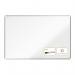 The picture shows a sleek and modern ACCO Brands Drywipe Board from the Nobo Premium Plus line. The board is made of high-quality melamine and is a bright white color. It measures 1500x1000mm, making it a spacious writing surface for presentations and brainstorming sessions. The surface is smooth and perfect for erasing with ease. The board is mounted on a sturdy frame, giving it a professional and polished appearance.