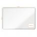 The image shows a large whiteboard with a smooth, glossy surface. It is made by ACCO Brands and is part of their Nobo Premium Plus Melamine range. The board measures 1500x1000mm and has a sleek, modern design. The surface is white and can be easily written on and erased, making it perfect for presentations and brainstorming sessions. The corners are rounded and there is a slim silver frame around the edge. The board appears to be in a professional setting, such as an office or conference room. It is clean and well-maintained, with no visible marks or smudges. Overall, the image conveys a high-quality and functional whiteboard for use in a professional environment.