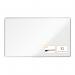 This image shows a sleek and modern whiteboard from ACCO Brands. It is the Nobo Premium Plus Melamine Whiteboard, measuring 2000x1000mm. The surface is made of high-quality melamine, perfect for writing and erasing with drywipe markers. The frame is of a minimalist design, giving the board a clean and professional look. The whiteboard includes all necessary mounting hardware for easy installation.