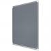 The photograph shows a sleek and professional ACCO Brands Noticeboards Nobo Premium Plus Felt Notice Board. The board is 900x600mm in size and has a sophisticated grey color. The material appears to be high-quality felt, giving the board a soft and textured surface. The frame is thin and understated, allowing the focus to remain on the spacious notice board. Bright and tidy notes can be seen pinned to the board, making it easy to organize ideas and keep track of important information.