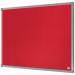 This image shows a bright red felt notice board, measuring 600x450mm, from the ACCO Brands Nobo Essence line. The board is framed and mounted on a wall, with various notes, papers, and drawings pinned onto its surface. The felt material provides a soft texture, creating a warm and inviting atmosphere. The vibrant color stands out and adds a pop of color to any room. The brand name is subtly visible in the bottom corner. Overall, this notice board is a practical and stylish addition to any workspace or home.