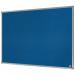 The picture shows a vibrant blue ACCO Brands Noticeboards Nobo Essence Felt Notice Board. It measures at 900x600mm and has a soft, textured surface. The board is mounted on a sturdy frame and the felt material helps to securely hold notes and messages. This notice board adds a pop of color to any room and is perfect for displaying important information.