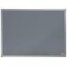 The photo displays a sleek grey ACCO Brands Noticeboards Nobo Essence Felt Notice Board, measuring 600x450mm. The soft, felt material covers the entire surface, creating a smooth and inviting texture. The edges are neatly lined with a thin, silver frame, giving the board a polished and modern look. Various notes and reminders are pinned onto the board, showcasing its spacious and practical size. The subtle grey color enhances the overall appearance, making it a stylish addition to any workspace.