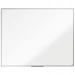 The picture shows a sleek, white drywipe board with a smooth melamine surface. It measures 1500x1200mm and has the brand name Nobo Essence printed on the bottom. The board has a modern design and is suitable for any office or classroom setting. It is surrounded by a silver aluminum frame and comes with a tray to hold markers and erasers. Overall, it is a professional and practical addition to any work space.