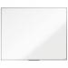 The picture shows a sleek, white drywipe board with a smooth melamine surface. It measures 1500x1200mm and has the brand name Nobo Essence printed on the bottom. The board has a modern design and is suitable for any office or classroom setting. It is surrounded by a silver aluminum frame and comes with a tray to hold markers and erasers. Overall, it is a professional and practical addition to any work space.