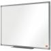 This picture shows an ACCO Brands Drywipe Board, specifically a Nobo Essence Melamine Whiteboard measuring 600x450mm. The whiteboard has a smooth writing surface and features a sleek and modern design. It is made of durable melamine, giving it a high-quality and professional look. The board is surrounded by a silver frame, adding to its aesthetic appeal. It is the perfect size for small group presentations or personal use. Overall, the whiteboard is clean, simple, and functional.