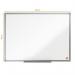 The photo shows an ACCO Brands drywipe board, specifically a Nobo Essence Melamine Whiteboard, measuring 600x450mm. The board is made of high-quality whiteboard material and has a smooth, glossy finish. The edges are framed with a sleek black border. In the photo, the board is clean and free of any marks or writing. It is mounted on a wall, with four corner brackets holding it securely in place. The board appears to be sturdy and well-constructed, making it an ideal choice for any workspace or classroom.