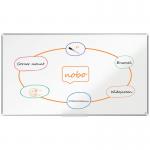 The image shows a sleek and modern ACCO Brands magnetic whiteboard, specifically the Nobo Premium Plus Widescreen Enamel Magnetic Whiteboard. It measures 1880x1060mm and features an aluminum trim. This environmentally friendly whiteboard is also EU Ecolabel Certified, making it a top choice for any office or classroom setting.