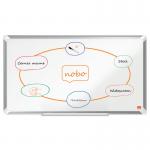 This photograph features an ACCO Brands Nobo Premium Plus Widescreen Magnetic Whiteboard, measuring 710x400mm. It has a sleek aluminium trim and is EU Ecolabel certified. The steel surface is perfect for all your writing and presenting needs.