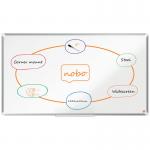 This photograph showcases a sleek, modern whiteboard with a wide, widescreen design. The magnetic surface is made of steel, and the frame is made of durable aluminum with a clean trim. The product is EU Ecolabel certified for its sustainable materials.