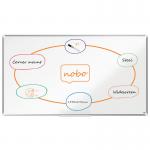 The image features a sleek, modern whiteboard from ACCO Brands. The durable steel surface is magnetized, perfect for attaching documents or notes. Trimmed in aluminum, this widescreen board is both functional and stylish. EU Ecolabel certified, making it an environmentally friendly choice.