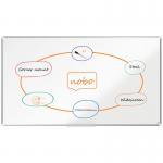 The photograph features a sleek and modern Nobo Premium Plus Widescreen Steel Magnetic Whiteboard by ACCO Brands. It has an aluminum trim and measures 1880x1060mm, making it perfect for larger workspaces. Additionally, it is EU Ecolabel certified.