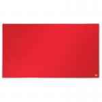 This image features a sleek and modern Nobo Impression Pro Widescreen Felt Notice Board by ACCO Brands. The board measures 710x400mm and is a vibrant shade of red. Its surface is covered in high-quality felt, providing a soft and durable space for displaying important information or creative ideas. The simple yet stylish design of this notice board is perfect for any office, classroom, or home setting.