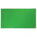 The image shows a wide, green felt notice board with the brand name Nobo Impression Pro printed at the top. The board measures 710x400mm and has the ACCO Brands Noticeboards logo visible in the corner. The felt surface appears smooth and sturdy, with no visible damage. There are several colorful push pins scattered across the board, along with different notes and papers pinned to the surface. The overall appearance of the notice board is clean and organized, making it an ideal addition to any workspace.