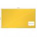 The picture shows a bright yellow Nobo Impression Pro Widescreen Felt Notice Board by ACCO Brands. The board measures 1550x870mm and is adorned with a sleek black frame. The felt surface is perfect for pinning important notes and reminders, while the wide design allows for more space to display information. The vibrant yellow color adds a pop of color to any room.