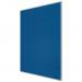 The picture shows an ACCO Brands Noticeboards Nobo Essence Felt Notice Board in a vibrant blue color. The board is rectangular and measures 1800x1200mm. Made of felt material, the surface of the board provides a smooth and durable writing surface. The board is mounted on a wall and is surrounded by a sleek aluminum frame. Various papers and notes can be seen pinned to the board using colorful push pins. The size and color make it a great addition to any workspace or classroom.