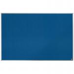 The image depicts a sleek and modern blue felt notice board from ACCO Brands Nobo Essence brand. The board measures 1500x1000mm and features a smooth felt surface for posting messages and important information. The board is designed to easily blend in with most office or classroom decor.