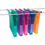 The picture shows a set of heavy duty suspension files designed for use in filing cabinets. The files are made of polypropylene and come in assorted colors. Each file has tabs and inserts for easy labeling. The base is 30mm thick and the files are part of the Multifile Extra Secura collection.