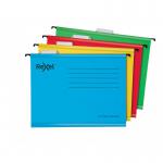 The photo shows a collection of 10 classic A4 reinforced suspension files in assorted colors. Each file has a 15mm V-shaped base, making them suitable for filing cabinets. The files are made from 100% recycled card and are produced by ACCO Brands, specifically their Rexel line. The suspension files have a clean and sleek appearance, with a high level of durability and functionality. They are perfect for organizing and storing important documents in an efficient and environmentally-friendly manner.