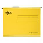 The image shows a pack of 25 yellow suspension files designed for filing cabinets. Made with 100% recycled card, these files have a 15mm V base for easy organization. The Rexel Classic A4 reinforced suspension files are from ACCO Brands and are perfect for keeping your documents in order.