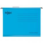 The picture displays a pack of 25 Rexel classic foolscap reinforced suspension files for filing cabinets by ACCO Brands. The files have a 15mm V base and are made of 100% recycled blue card. Each file features the brands logo and product information. The files are neatly stacked and ready to be used for organizing documents. The blue color gives a professional and organized look to any office space. The suspension files are designed to securely hold documents and provide easy access for efficient filing.