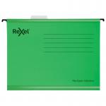 The image shows a neat and organized filing system with ACCO Brands Suspension Filing Rexel Classic Foolscap Reinforced Suspension Files. The files feature a 15mm V base and are made from 100% recycled card in a vibrant green color. The pack contains 25 files, providing plenty of storage space for documents in a filing cabinet. The files are sturdy and reinforced, ensuring durability and longevity. The overall appearance is professional and efficient, making it a great choice for any office or workspace.