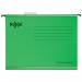 The image shows a neat and organized filing system with ACCO Brands Suspension Filing Rexel Classic Foolscap Reinforced Suspension Files. The files feature a 15mm V base and are made from 100% recycled card in a vibrant green color. The pack contains 25 files, providing plenty of storage space for documents in a filing cabinet. The files are sturdy and reinforced, ensuring durability and longevity. The overall appearance is professional and efficient, making it a great choice for any office or workspace.