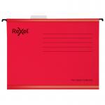 The photograph features a pack of 25 Rexel Classic Foolscap Reinforced Suspension Files for Filing Cabinets by ACCO Brands. The files have a 15mm V base and are made of 100% recycled card in a vibrant red color. The suspension files are designed for easy organization and storage of documents.