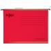 The photograph features a pack of 25 Rexel Classic Foolscap Reinforced Suspension Files for Filing Cabinets by ACCO Brands. The files have a 15mm V base and are made of 100% recycled card in a vibrant red color. The suspension files are designed for easy organization and storage of documents.