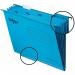 The photo shows 10 classic blue suspension files with reinforced filing cabinet dividers. Each file has a 15mm V-shaped base and is made of 100% recycled card. The files are suspended in a filing cabinet for easy organization.