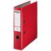 The photograph shows a red Rexel A4 Lever Arch File from ACCO Brands, with a spine width of 75mm. The file is from their Economic range and comes in a carton of 10. The outer carton is visible and the product is clearly labeled as the 2115713 model.