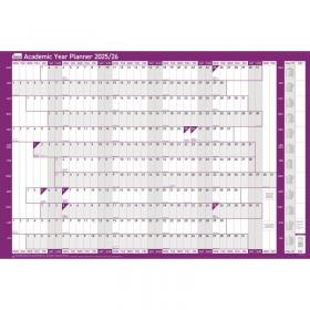 Sasco 202526 Academic Year Wall Planner with wet wipe pen & sticker pack, Purple, Board Mounted, 915mmW x 610mmH - Outer Carton of 10 2410250