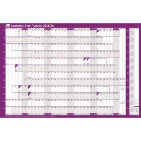 Sasco 202526 Academic Year Wall Planner with wet wipe pen & sticker pack, Purple, Poster Style, 915mmW x 610mmH - Outer Carton of 10 2410251