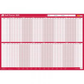 Sasco 2025 Staff Year Wall Planner with wet wipe pen & sticker pack, Blue, Board Mounted, 915mmW x 610mmH - Outer Carton of 10 2410252