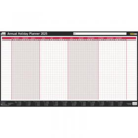 Sasco 2025 Annual Holiday Year Wall Planner with wet wipe pen & sticker pack, Black & Red, Poster Style, 750mmW x 410Hmm - Outer Carton of 10 2410254