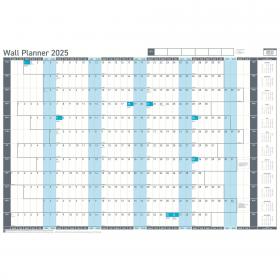 Sasco 2025 Value Year Wall Planner with wet wipe pen & sticker pack, Blue, Poster Style, 915mmW x 610mmH  - Outer Carton of 10 2410260