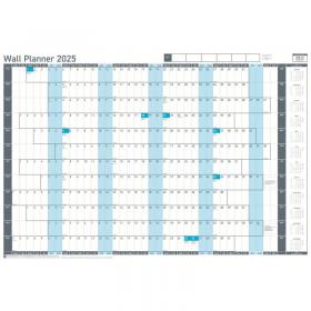 Sasco 2025 Value Year Wall Planner with wet wipe pen & sticker pack, Blue, Poster Style, 915mmW x 610mmH - Outer Carton of 10 2410260