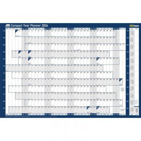Sasco 2026 Compact Year Wall Planner Landscape with wet wipe pen & sticker pack, Blue, Poster Style - Outer carton of 10 2410267