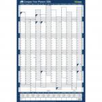 This photograph features a set of 10 blue compact planners from ACCO Brands, with a Sasco 2026 Year Wall Planner in portrait orientation. The set includes a wet wipe pen and sticker pack, all packaged in a poster-style outer carton.