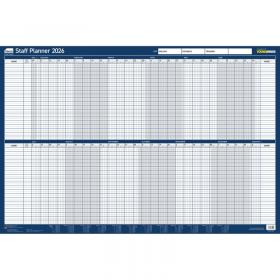 Sasco 2026 Staff Year Wall Planner with wet wipe pen & sticker pack, Blue, Board Mounted - Outer carton of 10 2410275