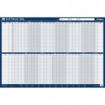 This photo shows the ACCO Brands Holiday Planners Sasco 2026 Staff Year Wall Planner in a beautiful blue color. It comes with a wet wipe pen and sticker pack, and has a poster style design. The outer carton contains 10 of these planners.