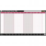 The image shows a set of 10 wall planners from ACCO Brands for the 2026 holiday year. The planners are black and red with a poster style layout. They come with a wet wipe pen and sticker pack. The outer carton is also visible in the image.