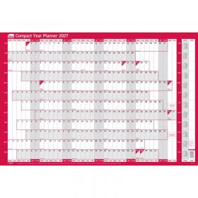 Sasco 2027 Compact Year Wall Planner Landscape with wet wipe pen, pack of 388 stickers & Today sticker, Red, Poster Style, 610mmW x 405mmH. Outer Cart 2410291