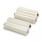 This photo features two rolls of glossy, 75-micron laminating film from GBCs NAP2 line. Each roll measures 457mm x 75m. The packaging displays the logo for ACCO Brands.